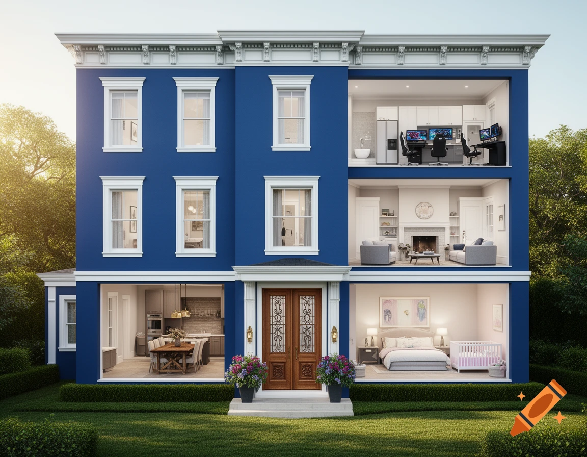 Photorealistic cutaway of a large blue house, showcasing its furnished interior rooms including a kitchen, living room, gaming setup, and nursery.