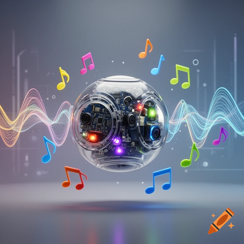 Photorealistic 3D render of a transparent robotic sphere with visible electronics, surrounded by colorful musical notes and glowing sound waves.