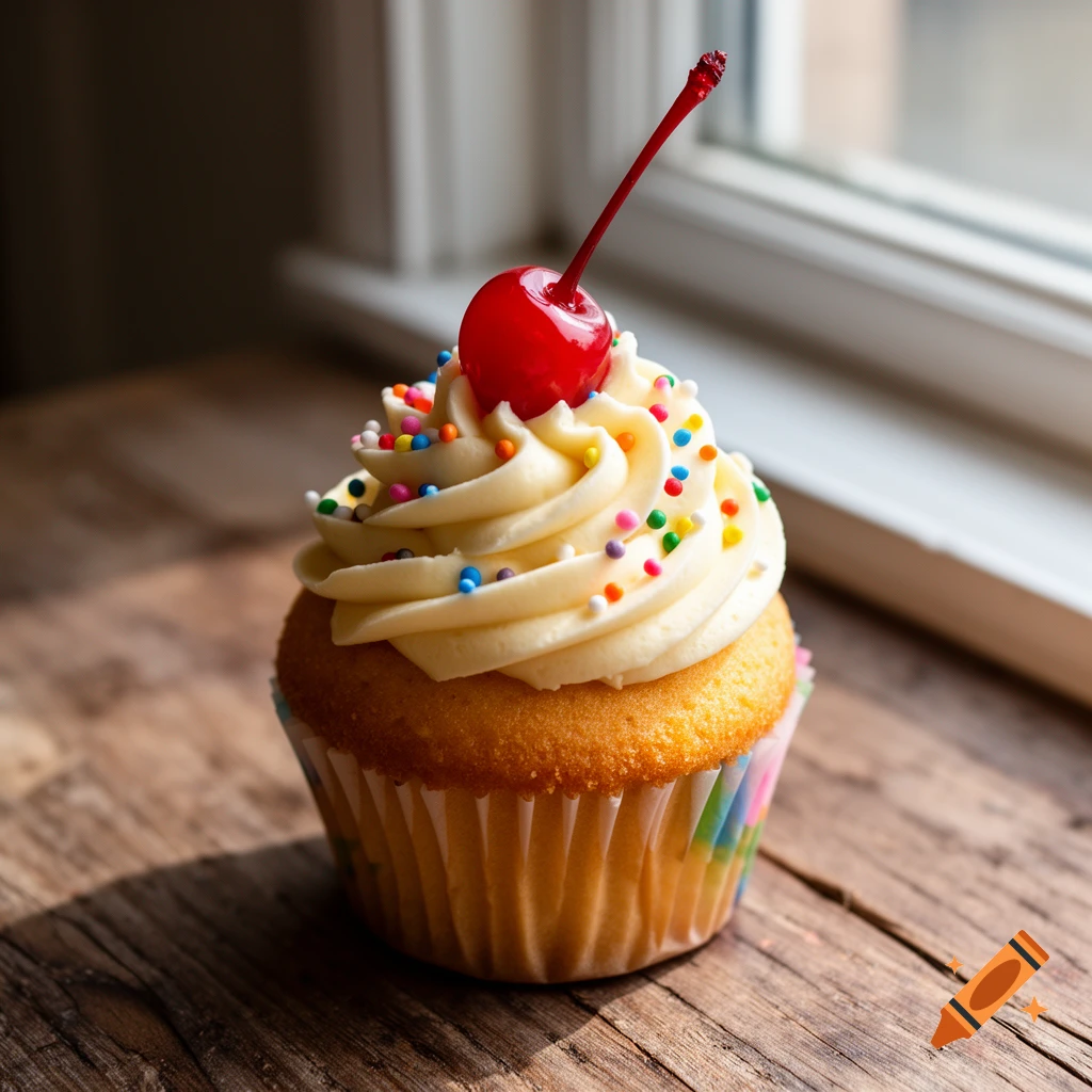 Photorealistic cupcake with white frosting, colorful sprinkles, and a red cherry on a rustic wooden table by a window.