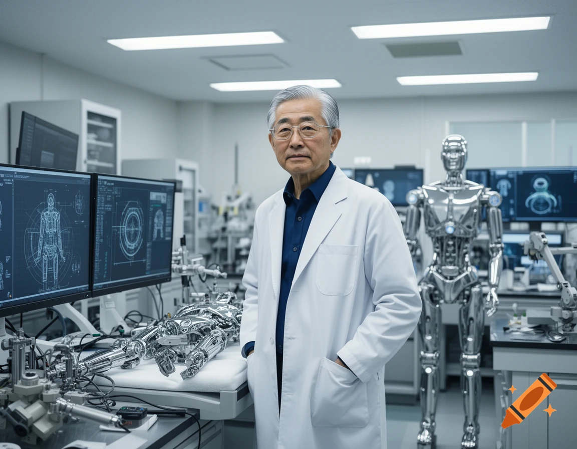Elderly Asian male scientist in lab coat standing in an android development lab with chrome robots and screens showing schematics.