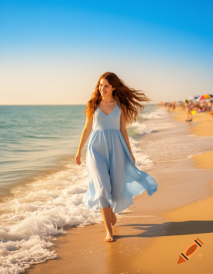 A young woman with long brown hair walks barefoot along a sandy beach at sunset, wearing a light blue dress as ocean waves lap at her feet.