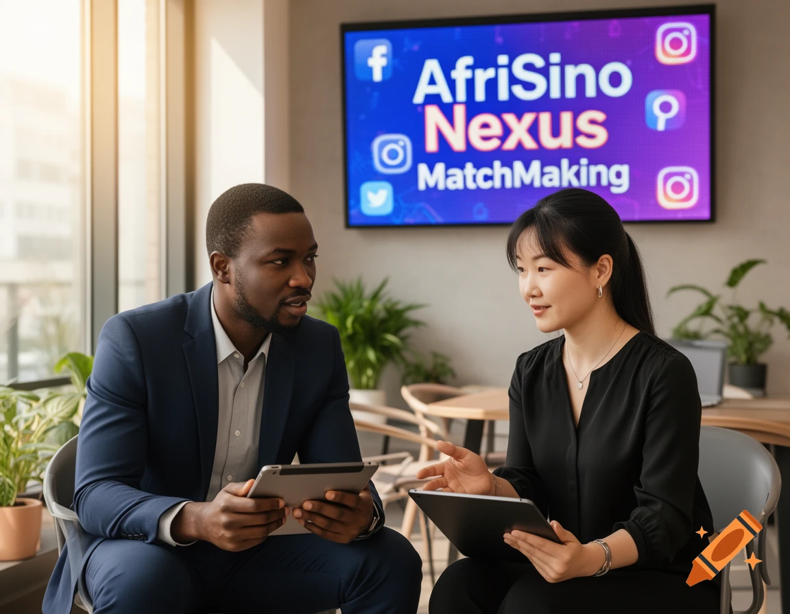 A man and a woman, one African and one Chinese, sit discussing business in an office, holding tablets. A screen in the background displays 'AfriSino Nexus MatchMaking' with social media icons.