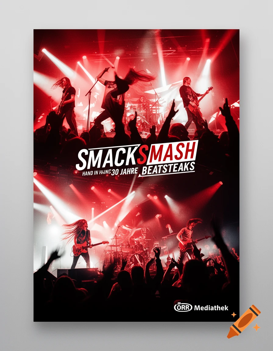 Red-lit concert poster with a band on stage, silhouetted crowd, and text: SMACKSMASH, HAND IN HAINE 30 JAHRE BEATSTEAKS, "