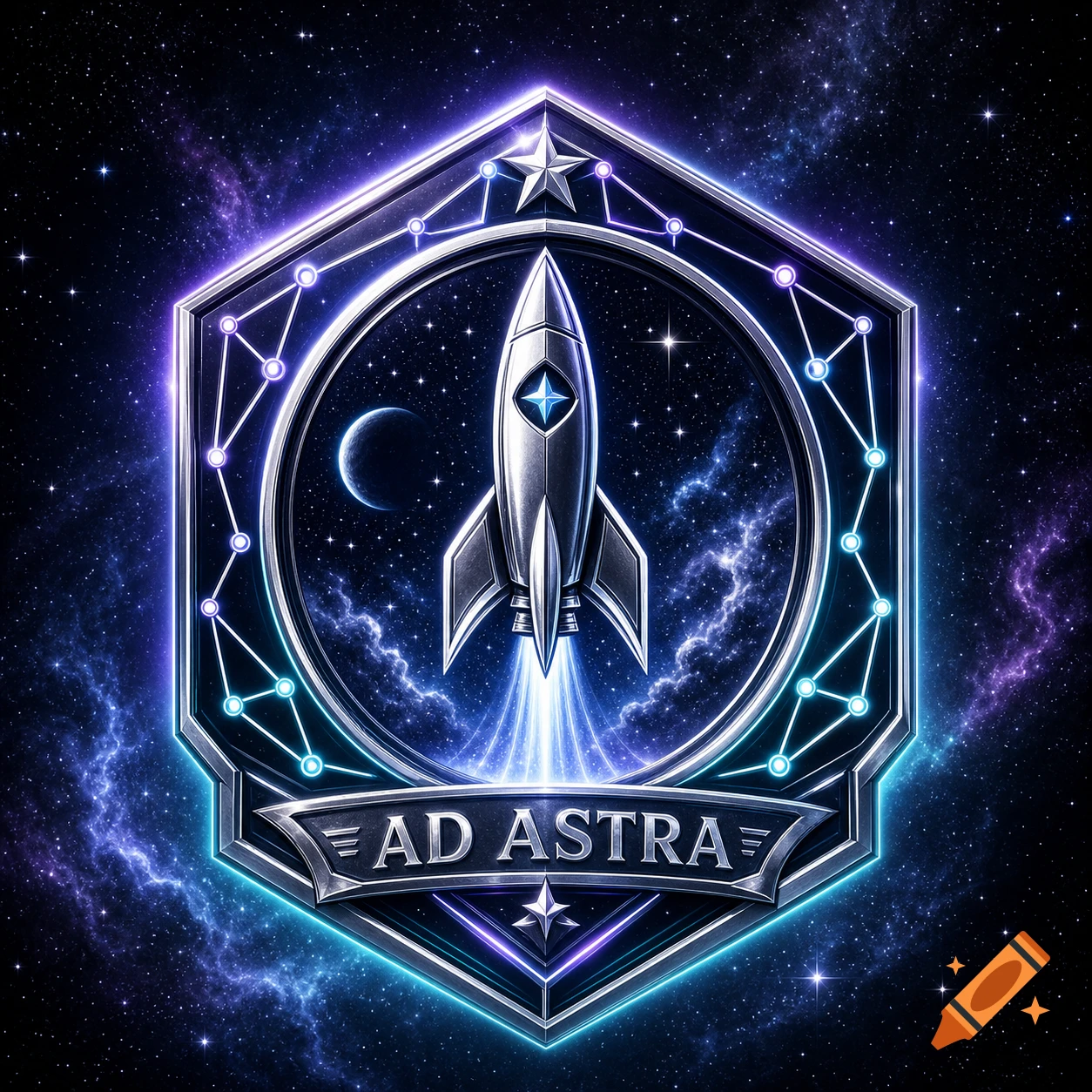 Silver and neon blue hexagonal space insignia with a rocket, crescent moon, stars, and 'AD ASTRA' text against a galaxy background.