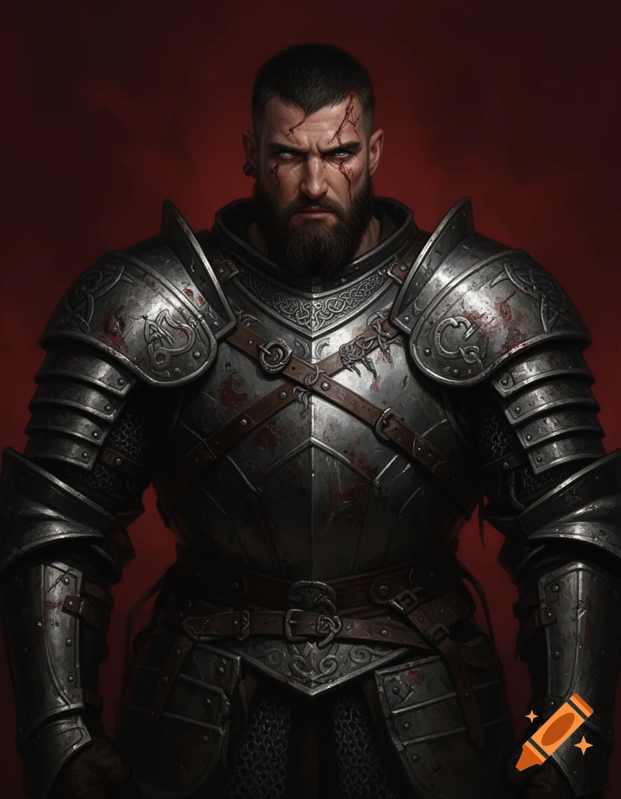 A fantasy portrait of a scarred, bearded Viking warlord in blood-splattered full plate armor, with cold blue eyes, against a dark red background.