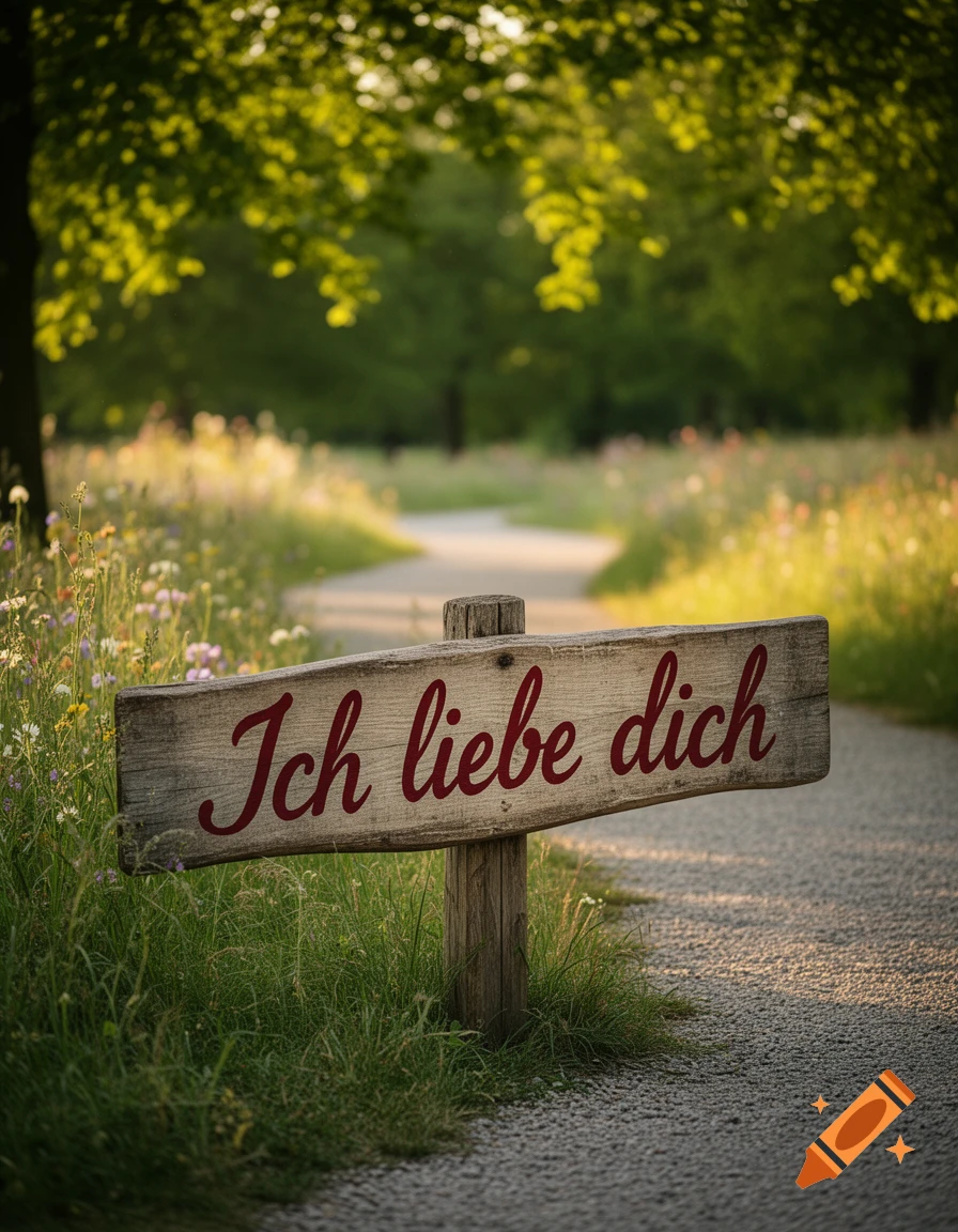 A wooden sign with "Ich liebe dich" (I love you) in red script, stands on a sunlit gravel path in a lush green park.