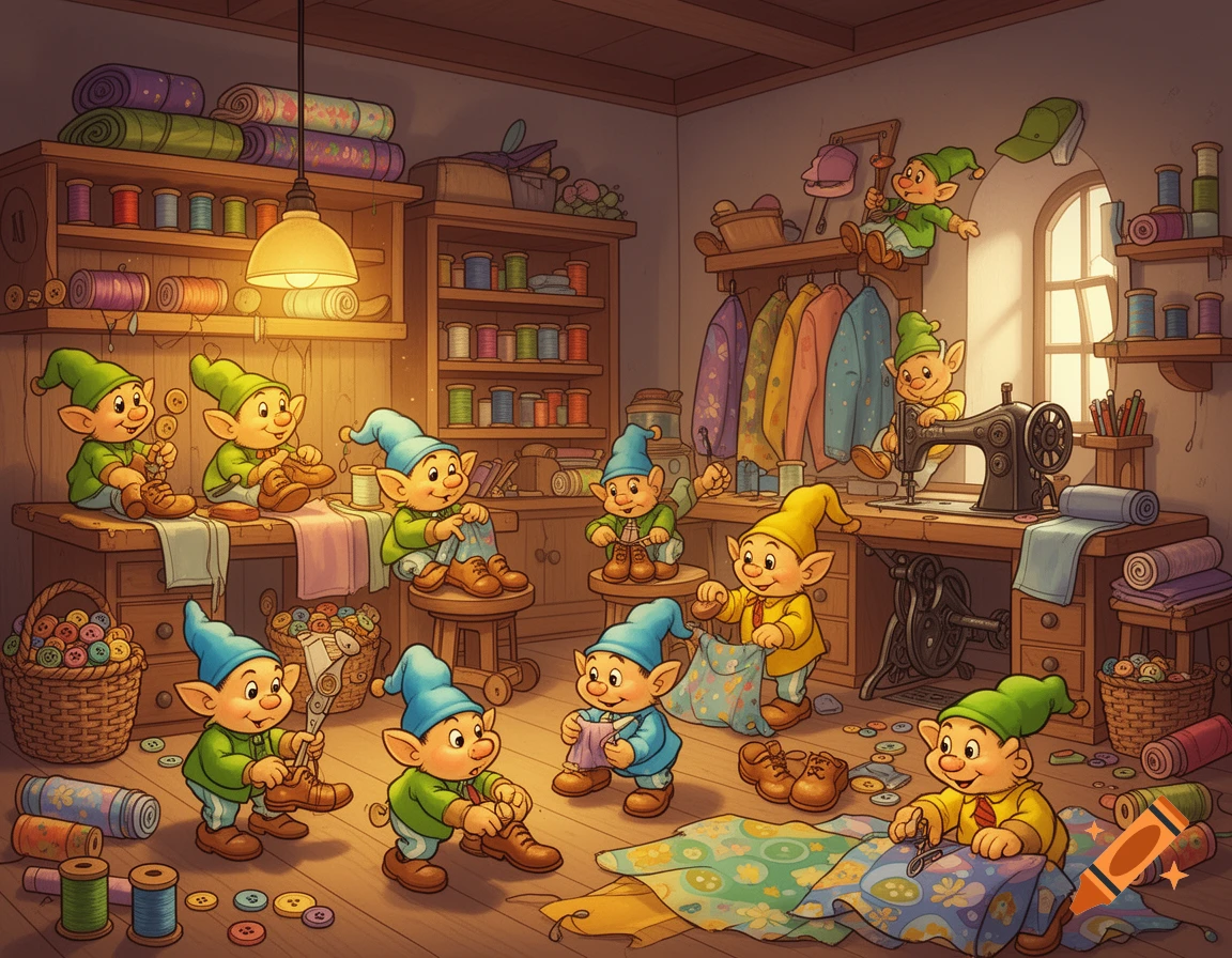 Cartoon gnomes work diligently in a bustling tailor's workshop, surrounded by spools of thread, fabric, buttons, and a sewing machine.