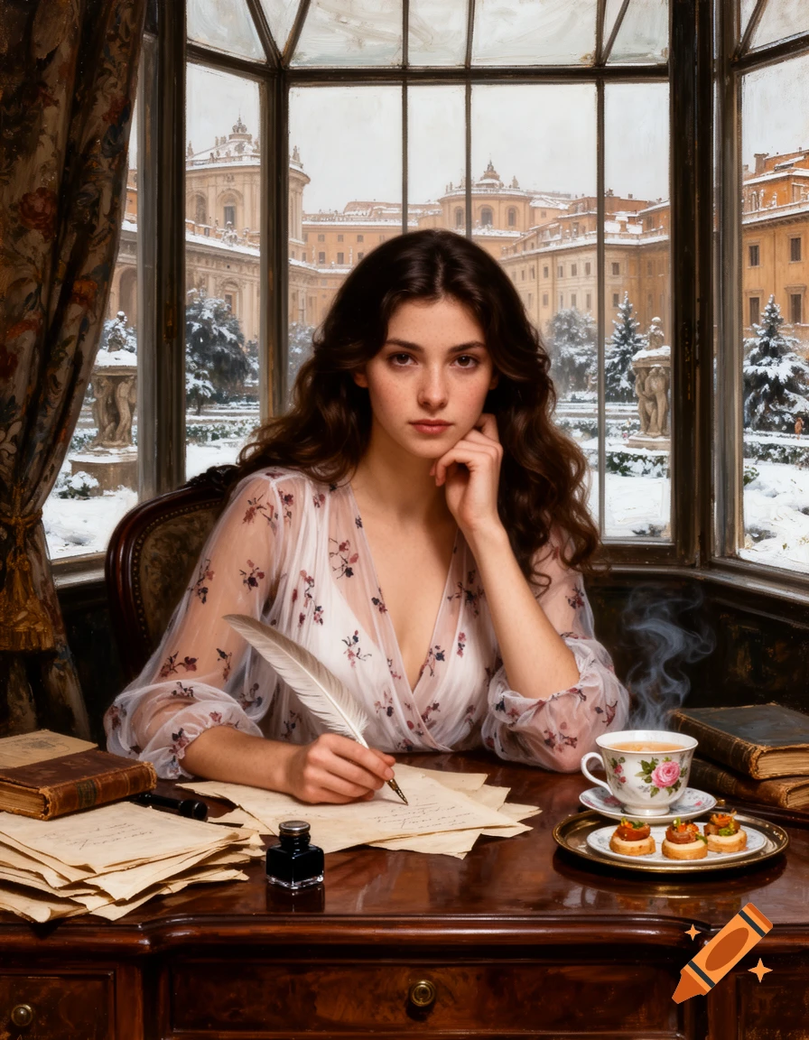 An oil painting of a woman in a sheer blouse writing at a desk with a quill, overlooking a snowy Rome.