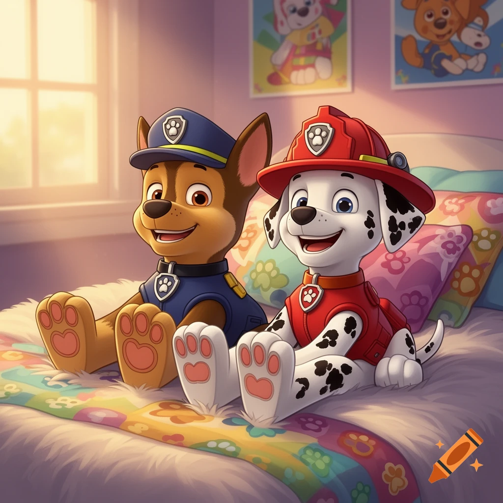 Chase and Marshall from Paw Patrol sit on a colorful bed, smiling with their paws visible.