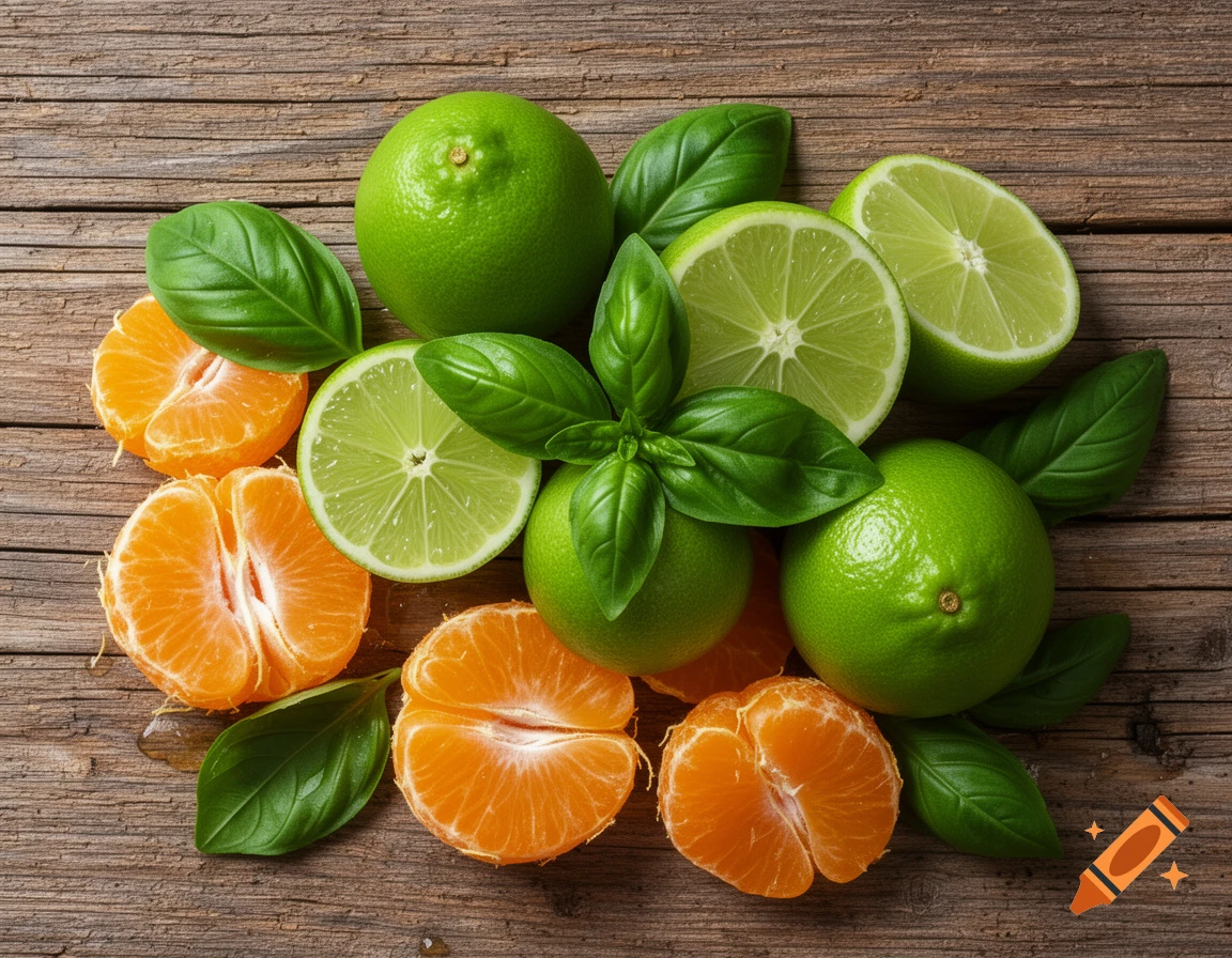 Whole and segmented limes and mandarins with basil leaves on a rustic wooden table.