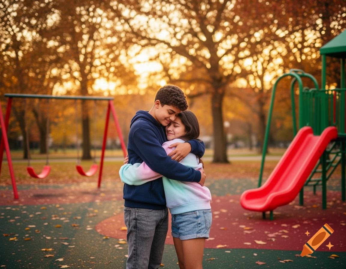Two teenagers hugging on a playground in autumn, photorealistic style.