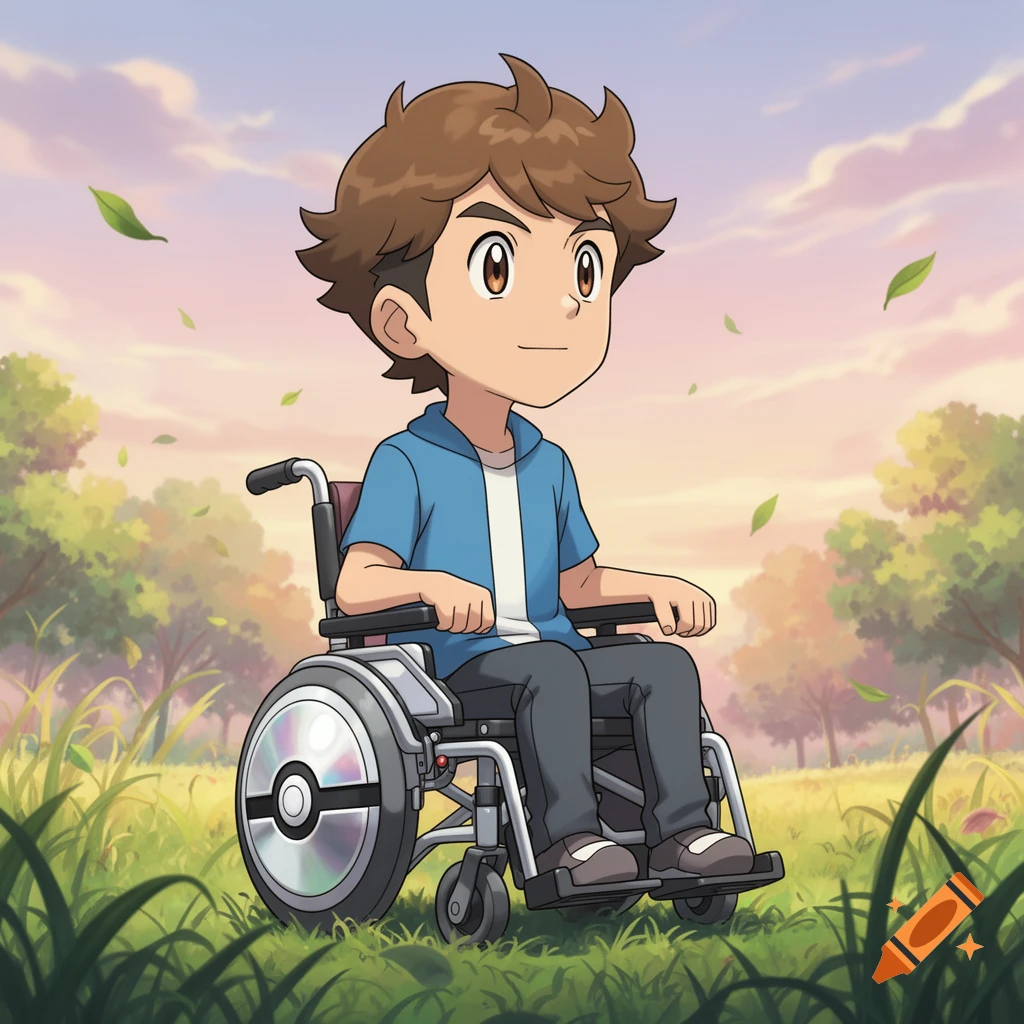A cartoon boy in a wheelchair in a grassy field with falling leaves, drawn in a Pokemon anime style.