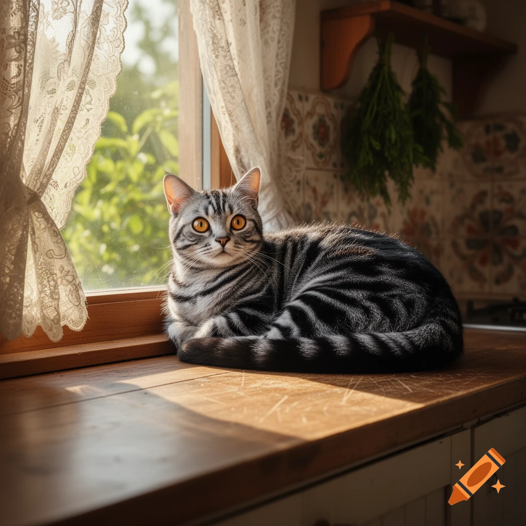 A photorealistic image of a striped tabby cat with orange eyes lying on a wooden countertop by a sunlit window with lace curtains.