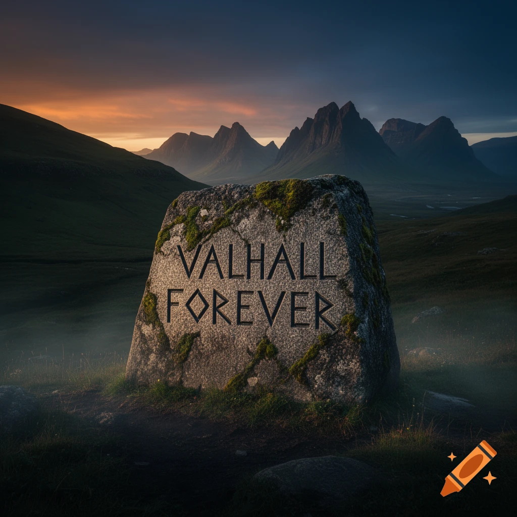 A large stone with "VALHALL FOREVER" carved into it stands in a misty, green mountain valley at sunset, under a dark sky.
