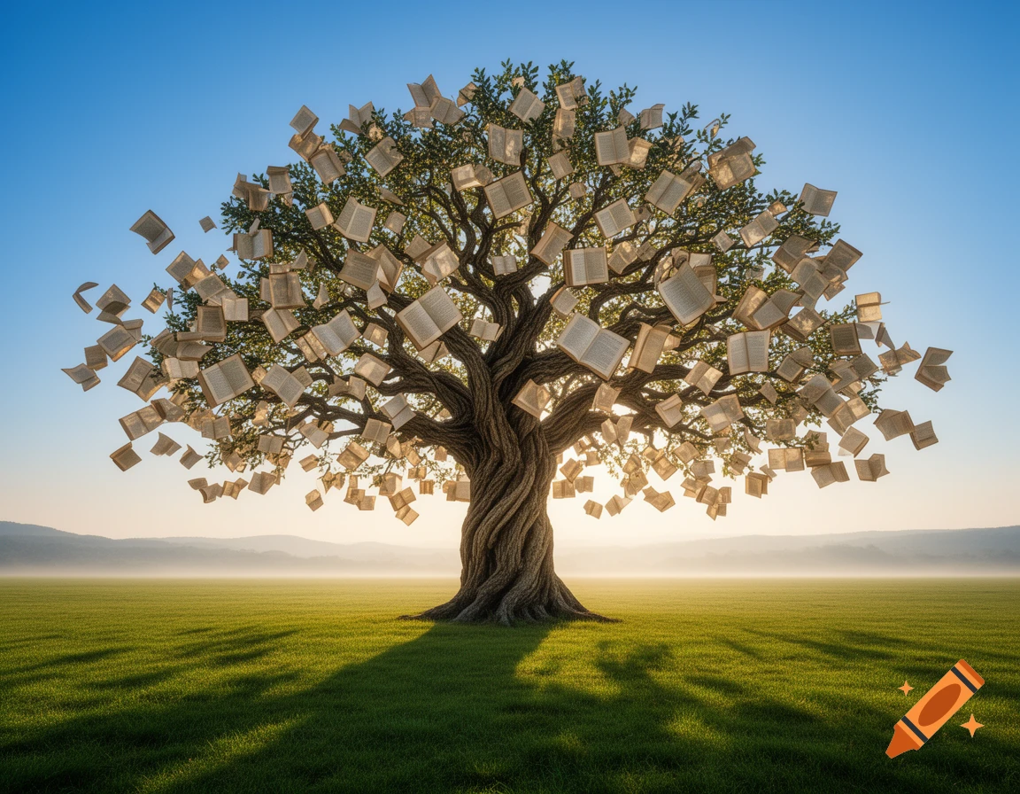 A photorealistic image of a large, gnarled tree in a vibrant green field, with numerous open books as its leaves, under a bright blue sky at sunrise or sunset.