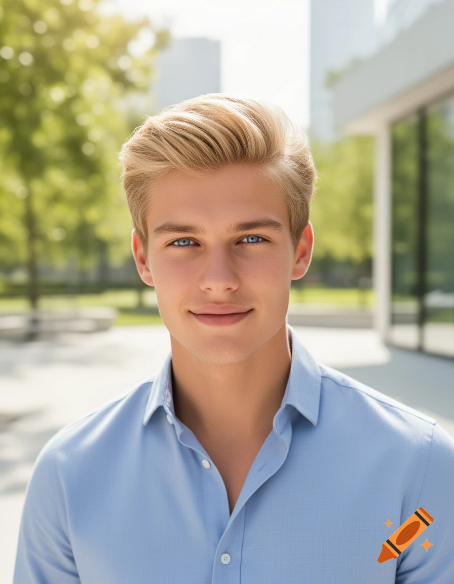 A smiling young man with blonde hair and blue eyes, wearing a light blue shirt, stands outdoors with a blurred green park and buildings in the background.