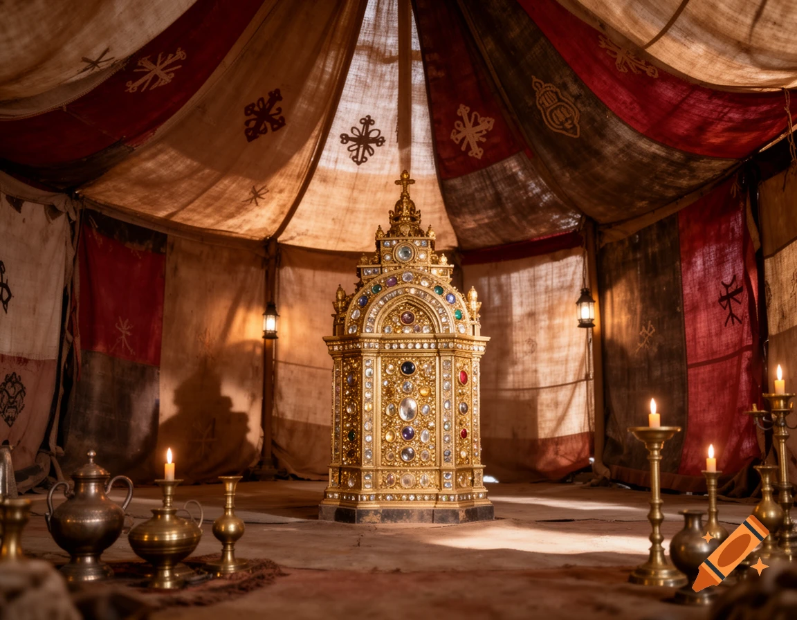 An ornate golden tabernacle, encrusted with jewels, sits center in an ancient tent with patterned fabric, surrounded by flickering candles and metal vessels, photorealistic.