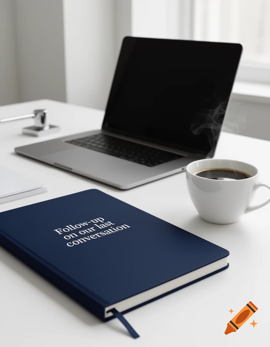 A minimalist office desk with a laptop, a navy notebook titled 'Follow-up on our last conversation', and a steaming coffee cup.