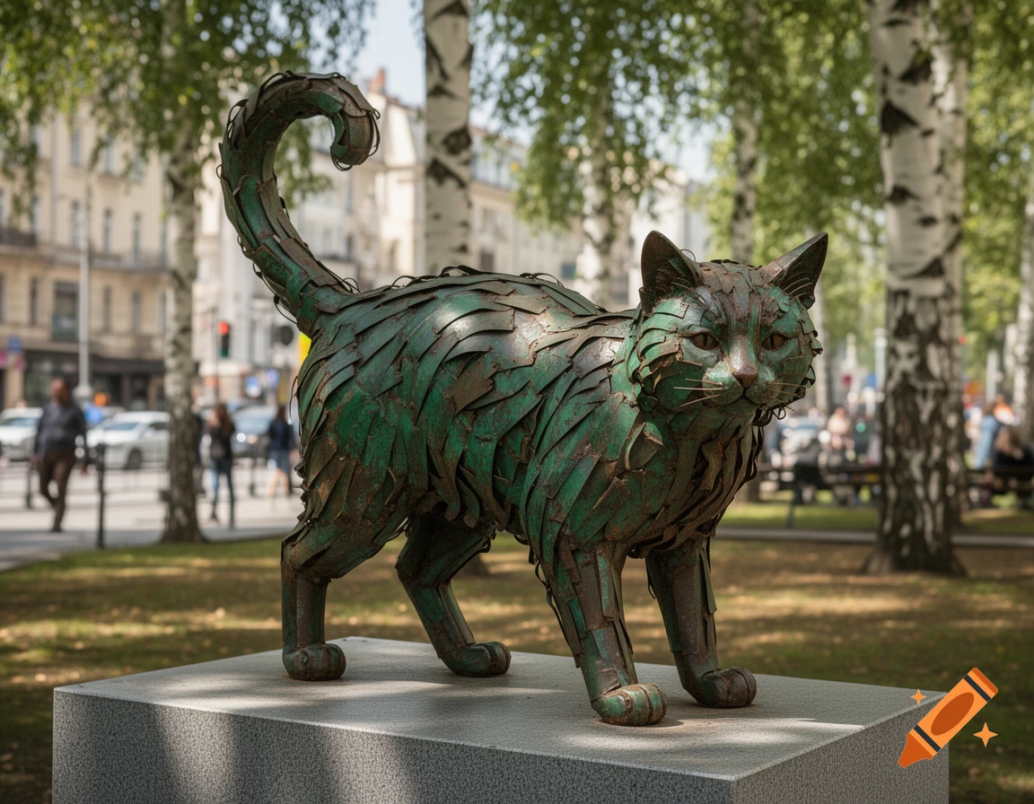 A sculpture of a green, rusted scrap metal cat on a stone pedestal in an urban park.