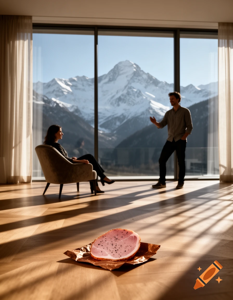 A piece of ham on brown foil sits on a wooden floor in a sunlit room, with two people and a large window looking out at snowy mountains.