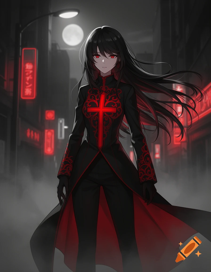 An anime girl with long black hair, red eyes, and a black coat with a red cross stands in a dark city street at night with red neon lights.