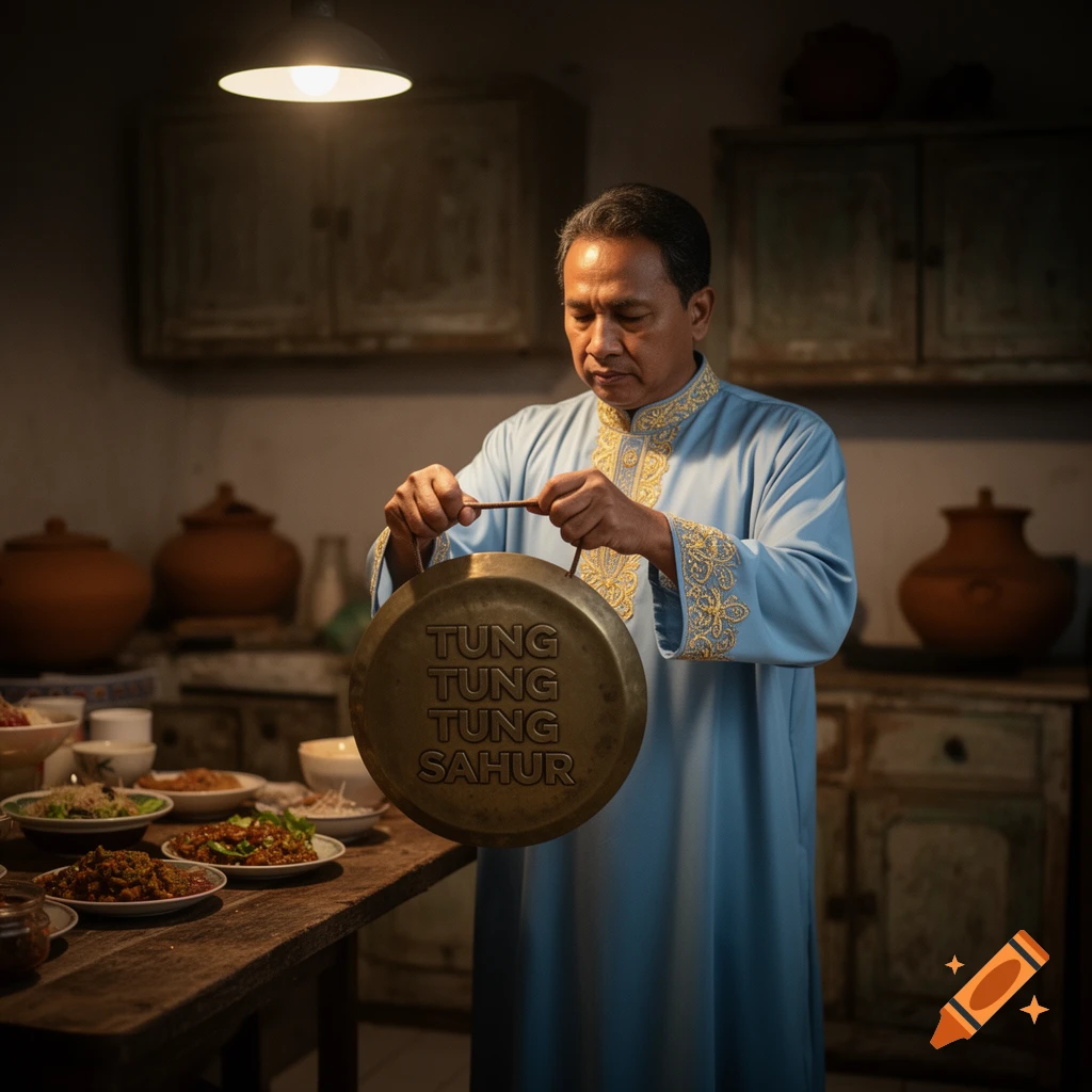 A man in traditional blue and gold clothing holds a bronze gong with 'TUNG TUNG TUNG SAHUR' inscribed, next to a table of food in a dimly lit room.