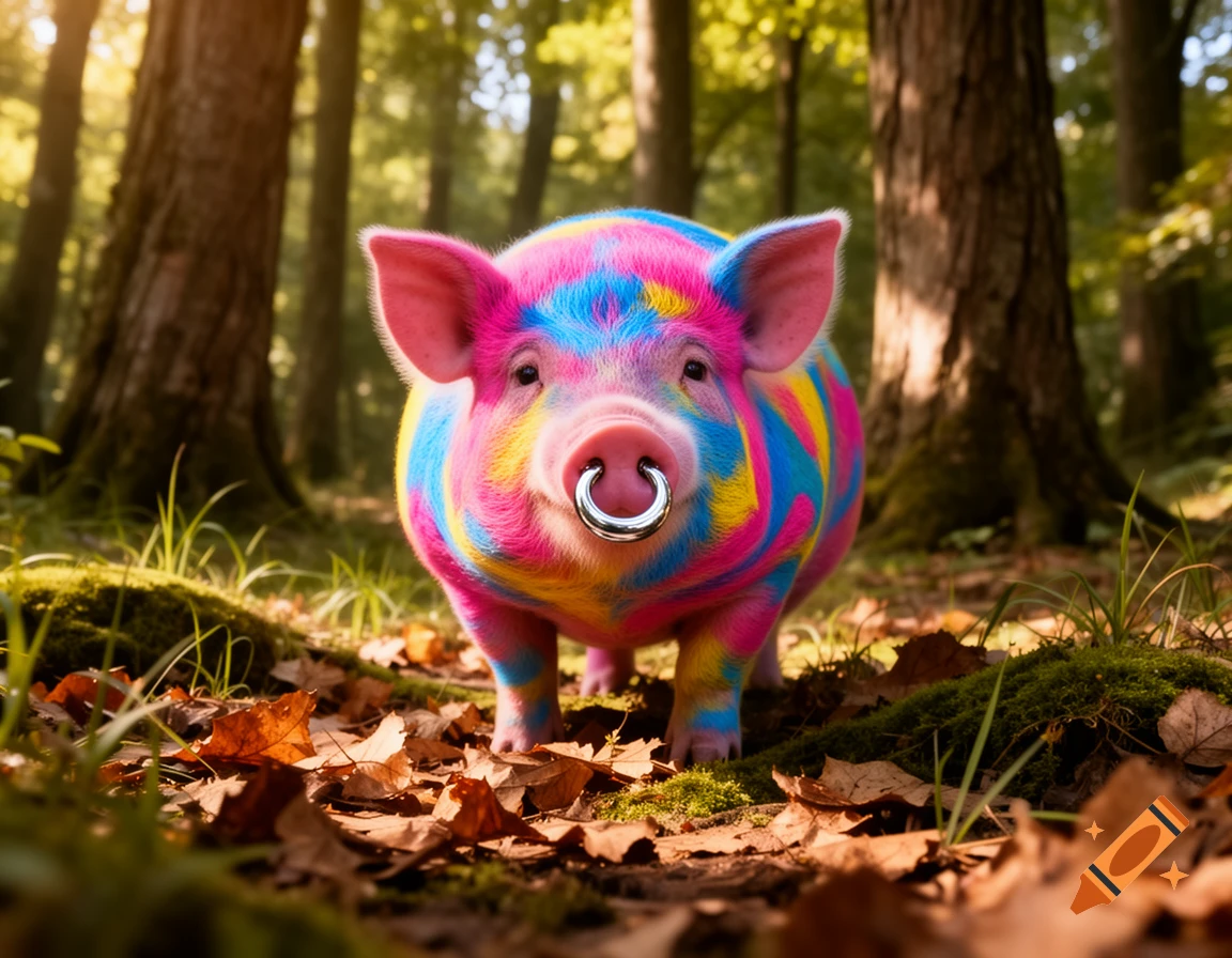 A vibrant, rainbow-colored pig with a silver nose ring stands in a sunlit forest surrounded by fallen leaves.
