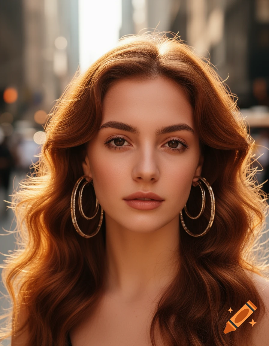 Photorealistic portrait of a young woman with long wavy red hair and large gold hoop earrings, outdoors in an urban setting.