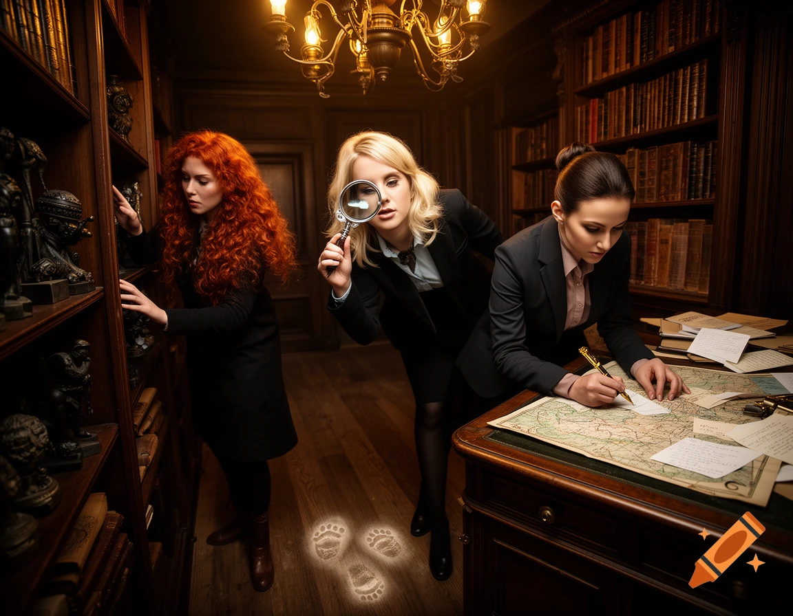 Three women in a dimly lit library. One with red curly hair searches a bookshelf, a blonde woman holds a magnifying glass, and a dark-haired woman writes on a map at a desk. Glowing footprints are on the floor.