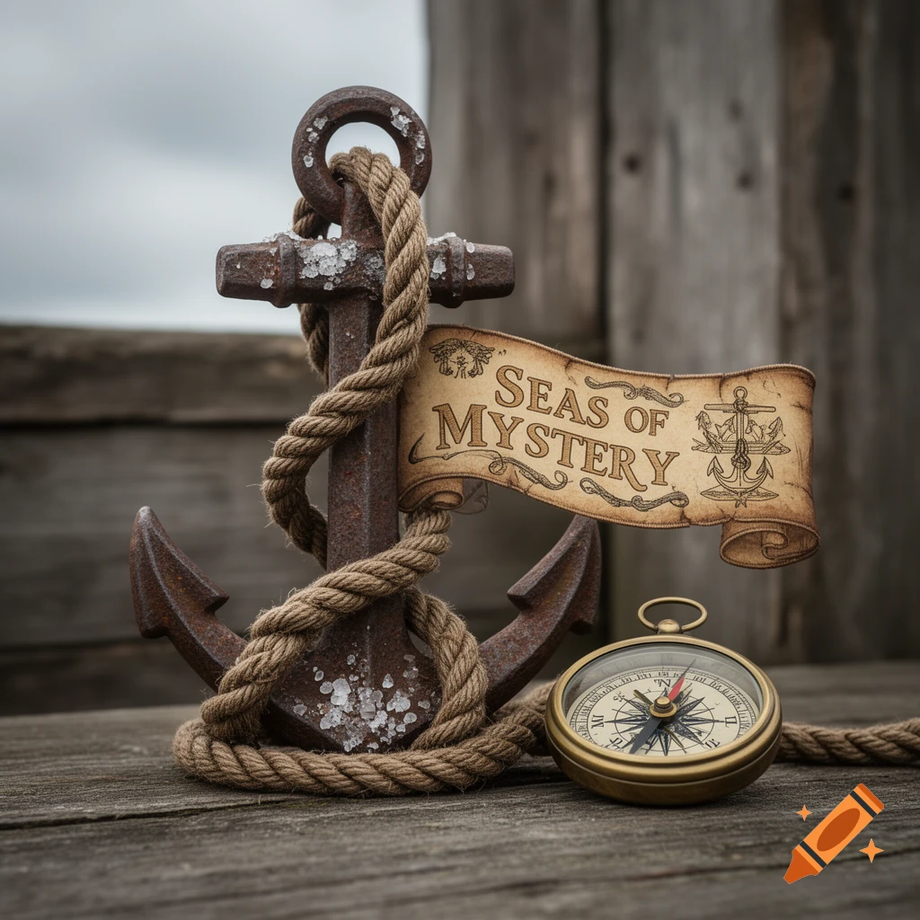 A rustic anchor wrapped in rope, a banner reading 'SEAS OF MYSTERY,' and a brass compass sit on weathered wood.