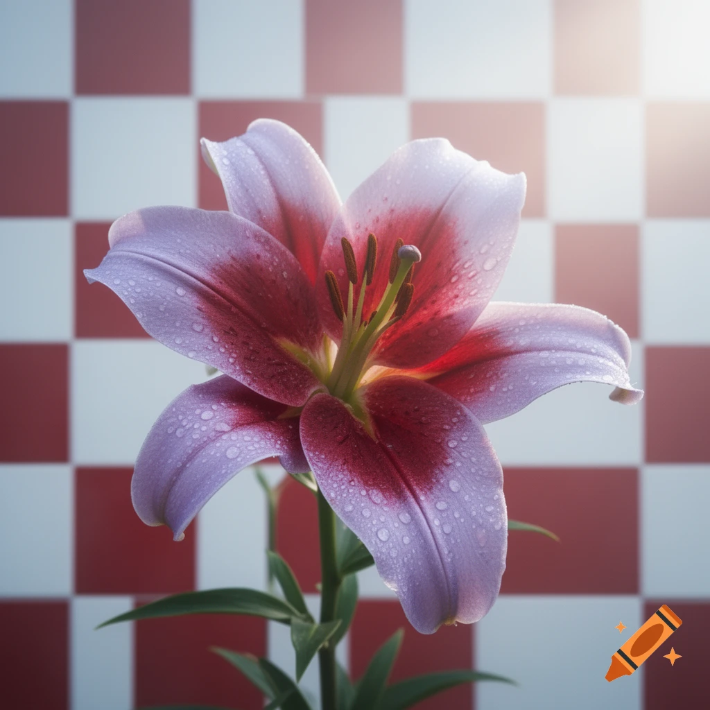 Close-up of a pink and white lily with water droplets against a red and white checkered background, photorealistic style.