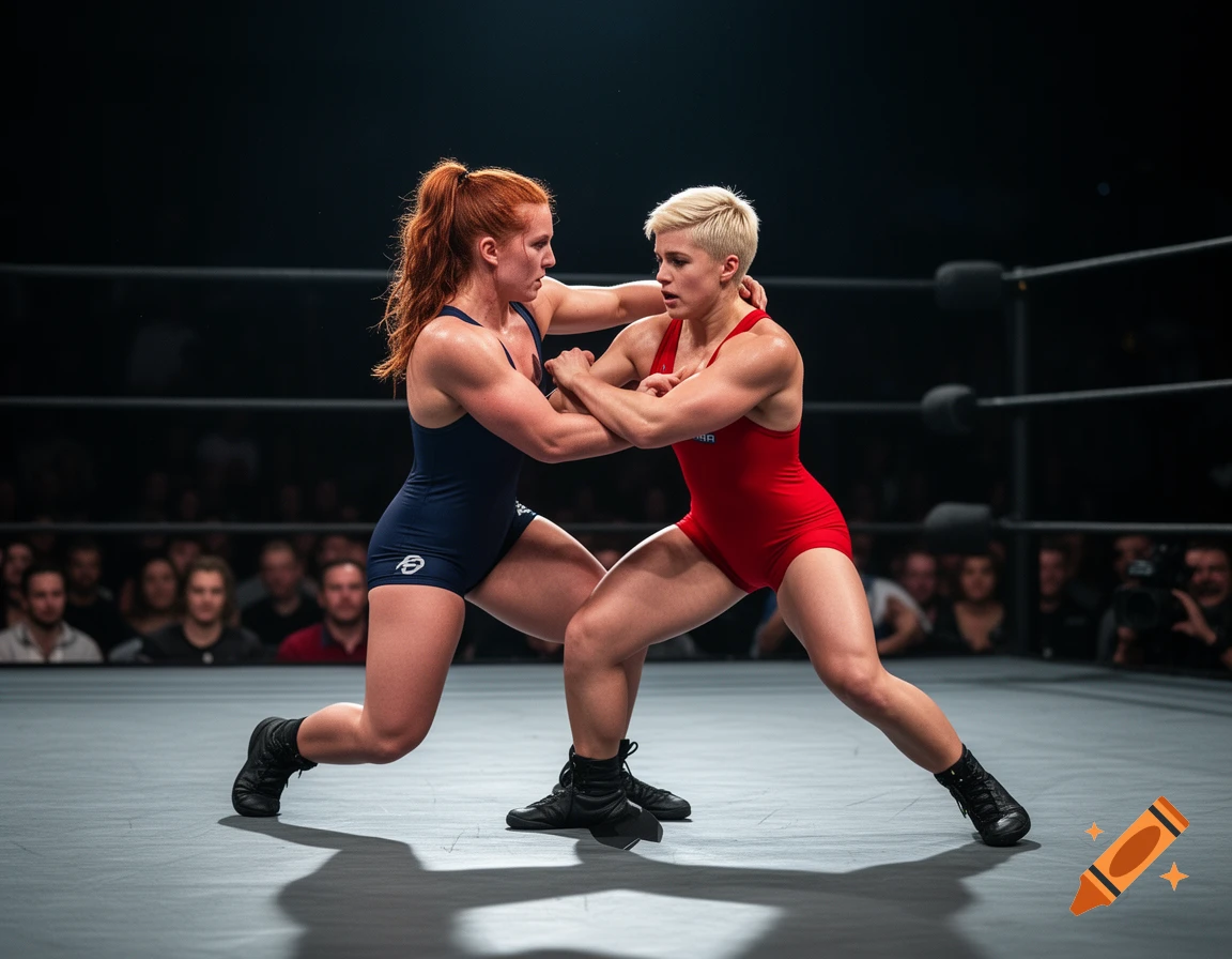 Two female wrestlers in blue and red singlets grapple in a wrestling ring, with an audience in the blurred background.