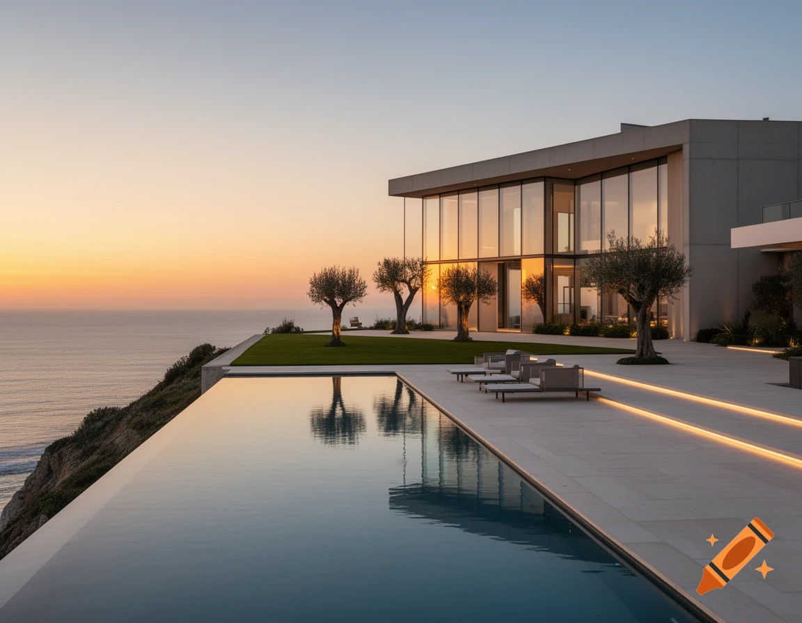 Modern luxury house with an infinity pool overlooking the ocean at sunset, surrounded by olive trees.
