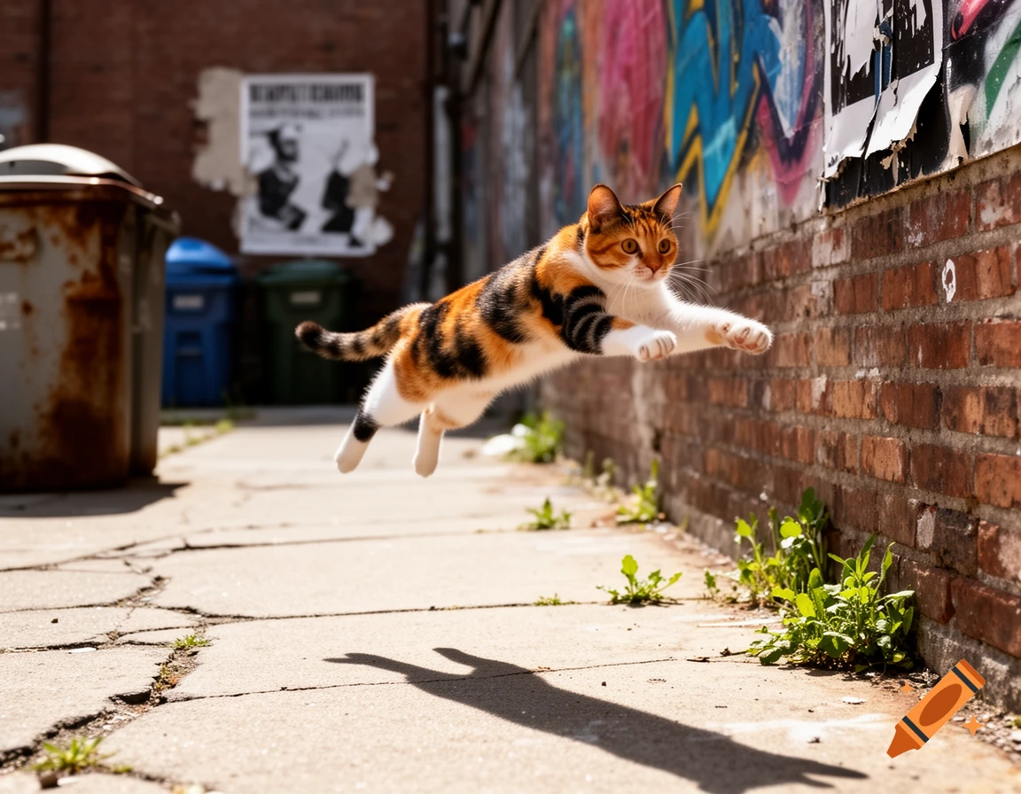A calico cat jumps across an urban alley, its shadow stretched on the cracked pavement.
