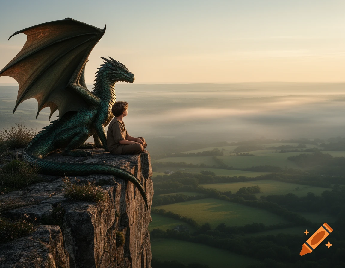 A boy and a green dragon sit on a cliff edge, looking out over a misty valley bathed in the golden light of sunrise.