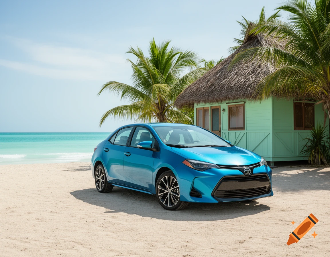 A blue Toyota car parked on a sandy beach next to a thatched-roof bungalow, with turquoise ocean in the background.