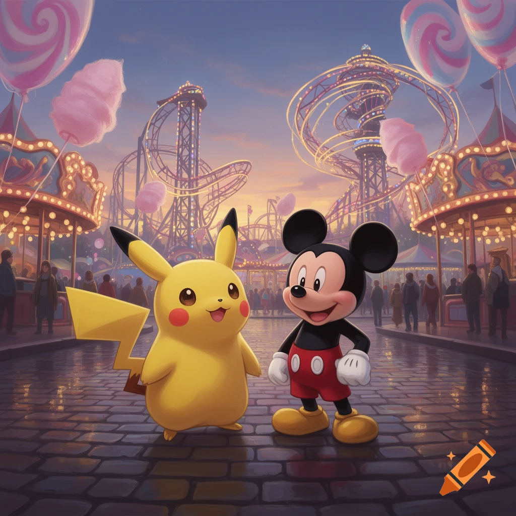 Pikachu and Mickey Mouse stand on a paved path in an illuminated amusement park with roller coasters and a carousel at dusk.