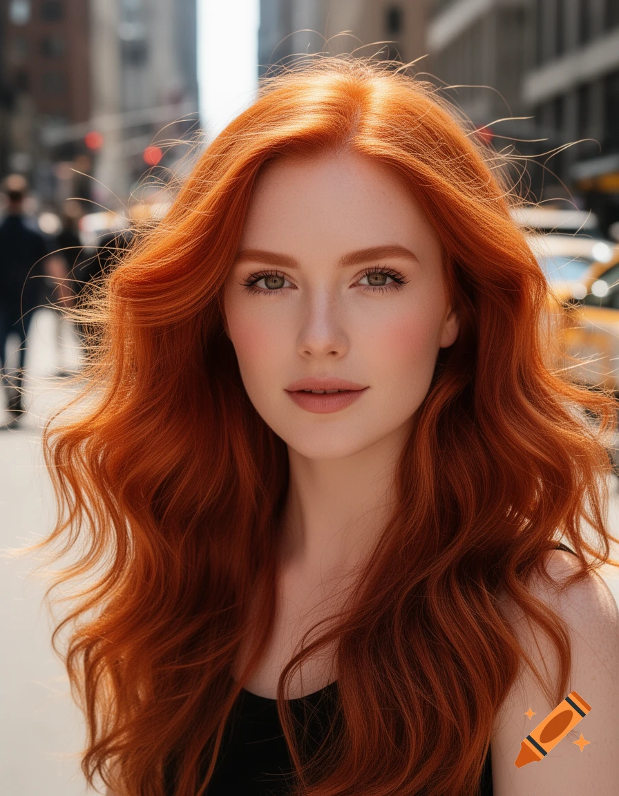 Photorealistic portrait of a young woman with long, wavy red hair and green eyes, slightly smiling, in a bustling city street.