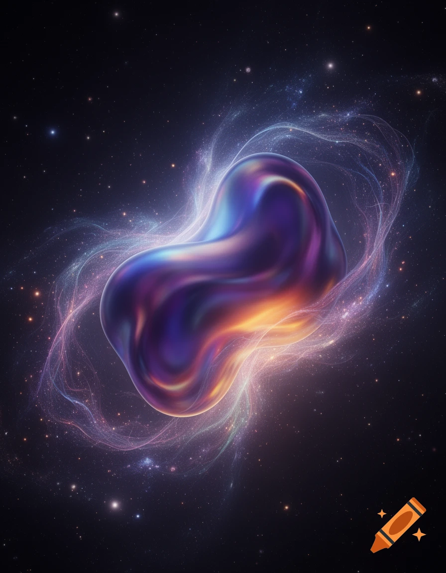 A glowing, iridescent, amorphous purple and orange blob floats amidst swirling cosmic dust and numerous stars in deep space.