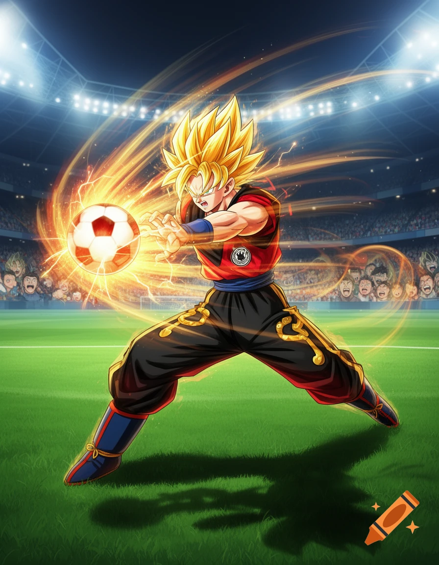 Super Saiyan Goku in a red and black soccer uniform on a stadium field, kicking a fiery soccer ball with energy trails.