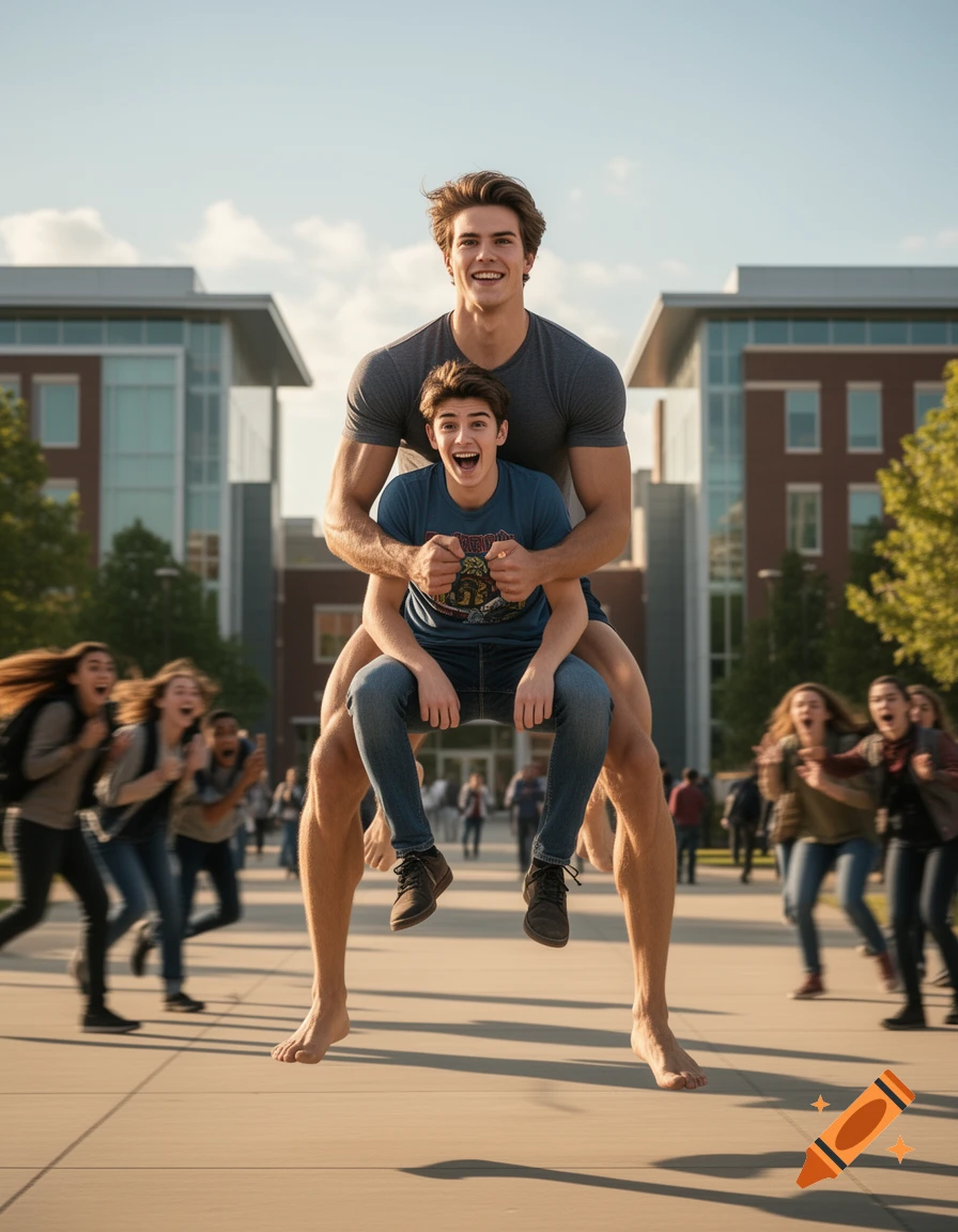 Two young men jump in the air in front of a college building. One is giving the other a piggyback ride.