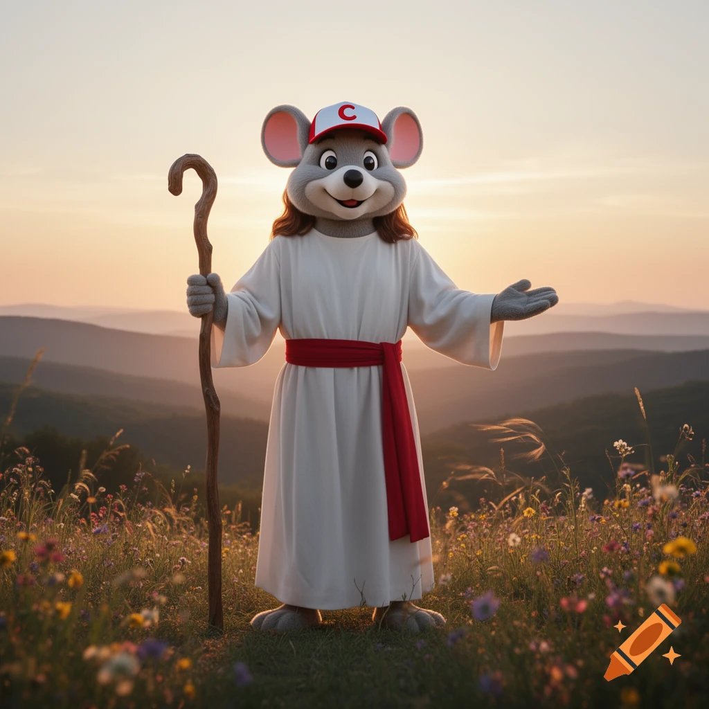 Photorealistic Chuck E. Cheese dressed as Jesus, holding a shepherd's staff in a mountain field at sunset.