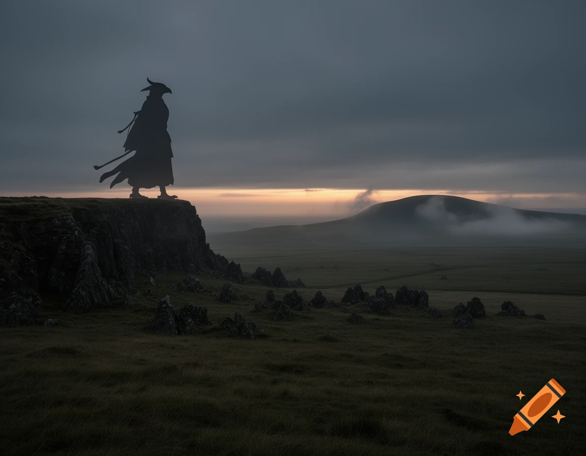 A dramatic silhouette of a falcon-headed warrior on a cliff overlooking a misty, vast landscape at dusk.