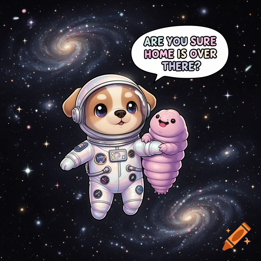 A cute kawaii dog astronaut holds a pink tardigrade in space, with a speech bubble asking 'ARE YOU SURE HOME IS OVER THERE?'