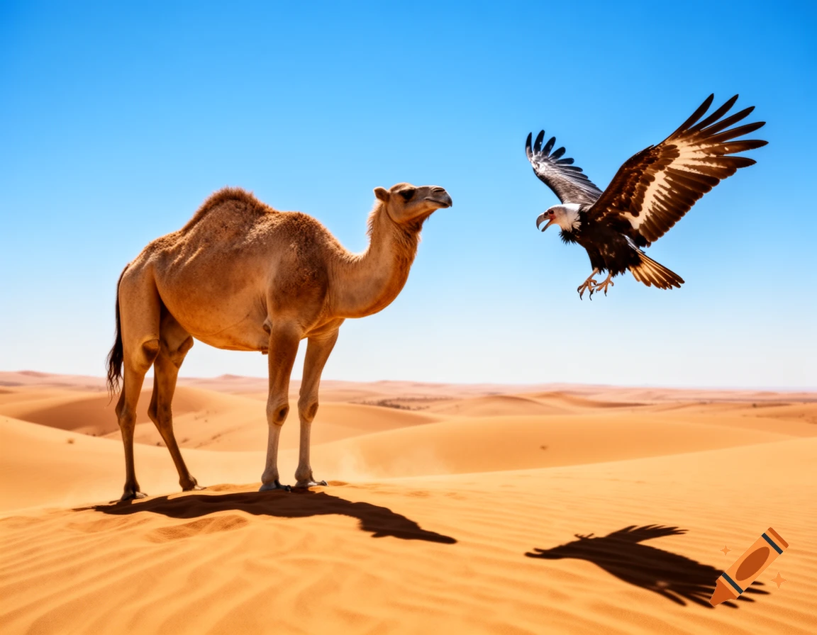 A photorealistic dromedary camel stands on sand dunes, looking towards a large eagle with outstretched wings flying against a clear blue sky in a desert.