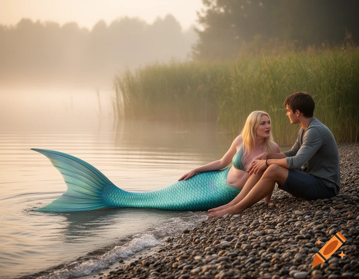 A photorealistic image of a mermaid with a turquoise tail sitting on a misty lake shore, talking to a man.