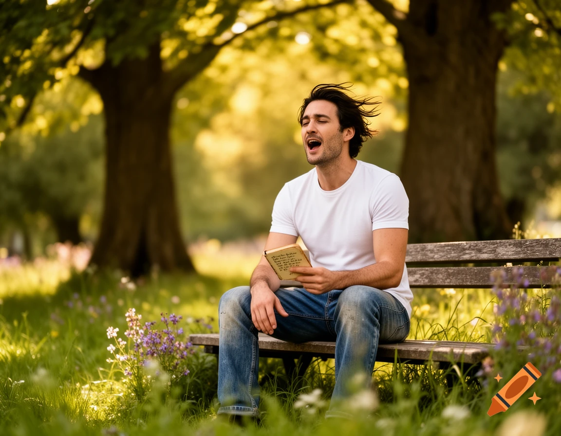 Man in white t-shirt and jeans sits on a park bench, singing with a book in hand, surrounded by lush green grass and sunlit trees.