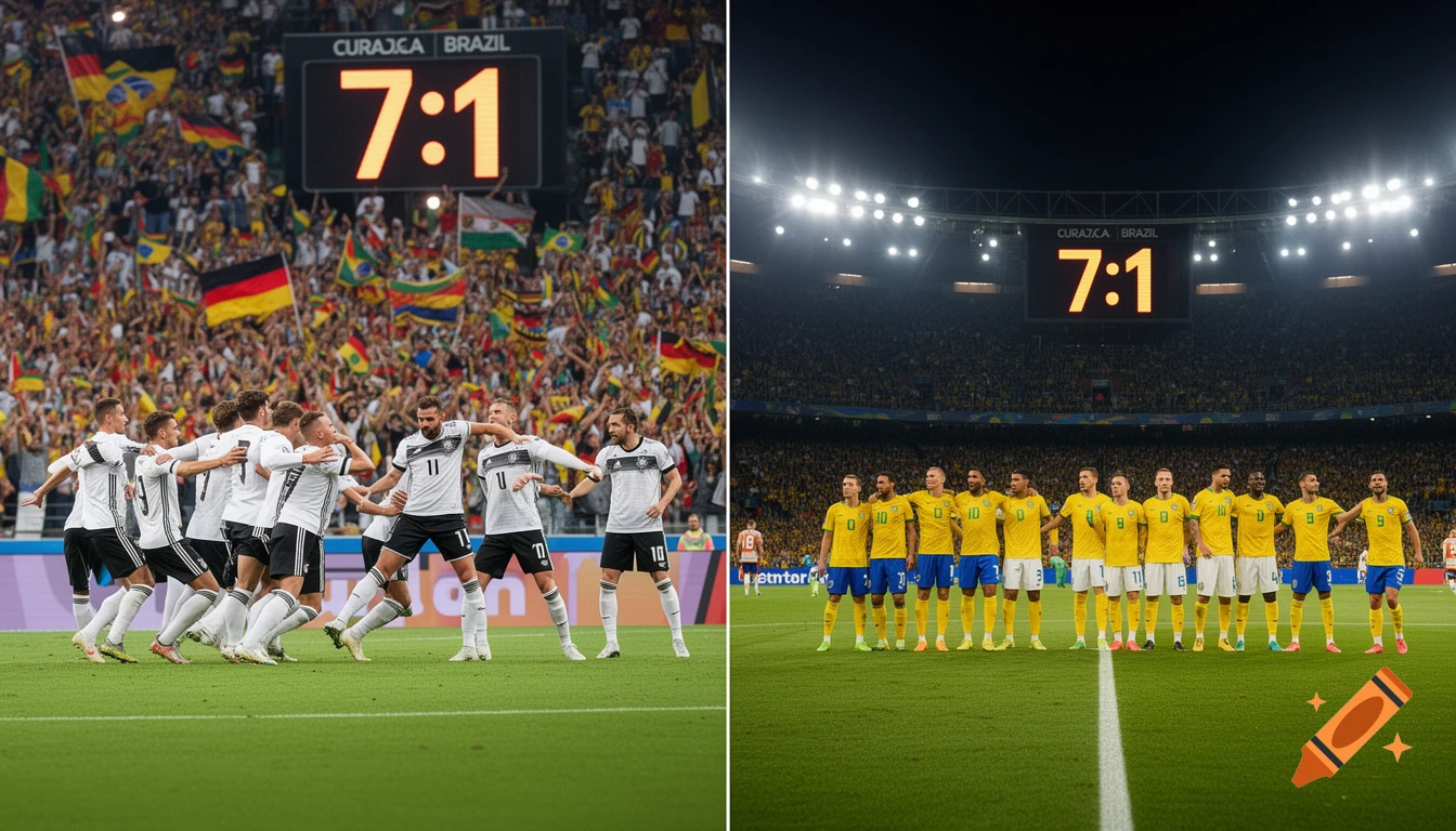A split image shows two football scenes. Left: German players celebrate under a scoreboard showing '7:1'. Right: Brazilian players stand dejected under a scoreboard also showing '7:1'. Both scoreboards display 'CURACA BRAZIL'.