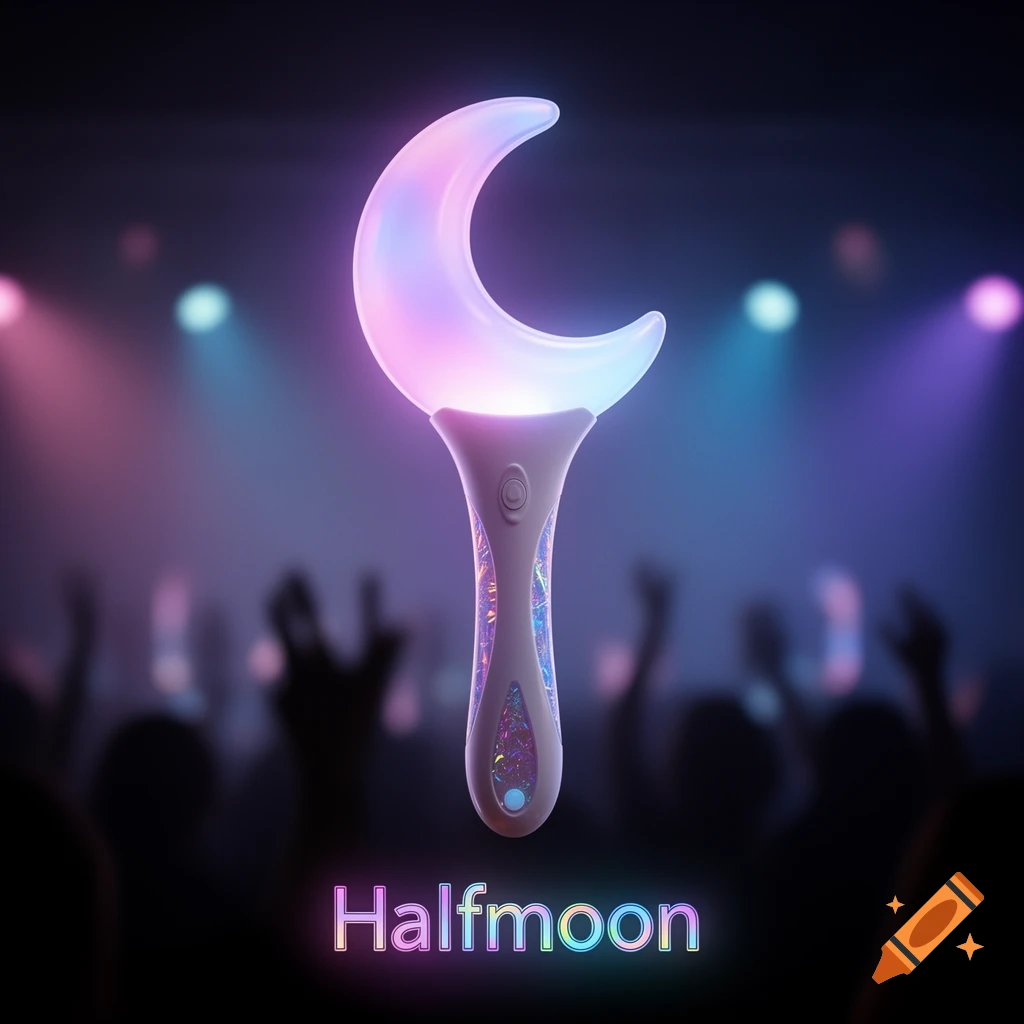 A glowing crescent moon-shaped lightstick in pink, purple, and blue, held at a concert with blurred audience. Text "Halfmoon".