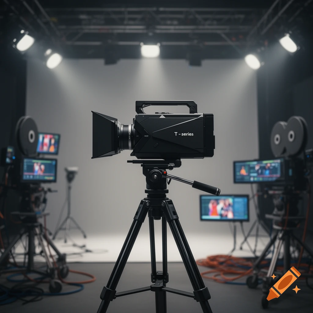Photorealistic professional T-series video camera on a tripod in a film studio, with monitors and lighting in the background.
